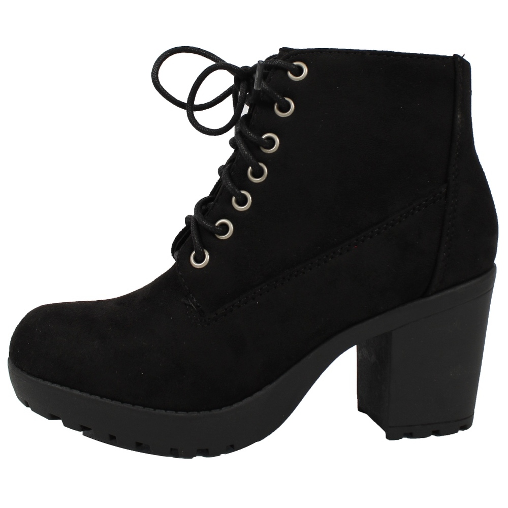 Black Lace Up Faux Suede Lug Heel Ankle Boot - Picture 2 of 7
